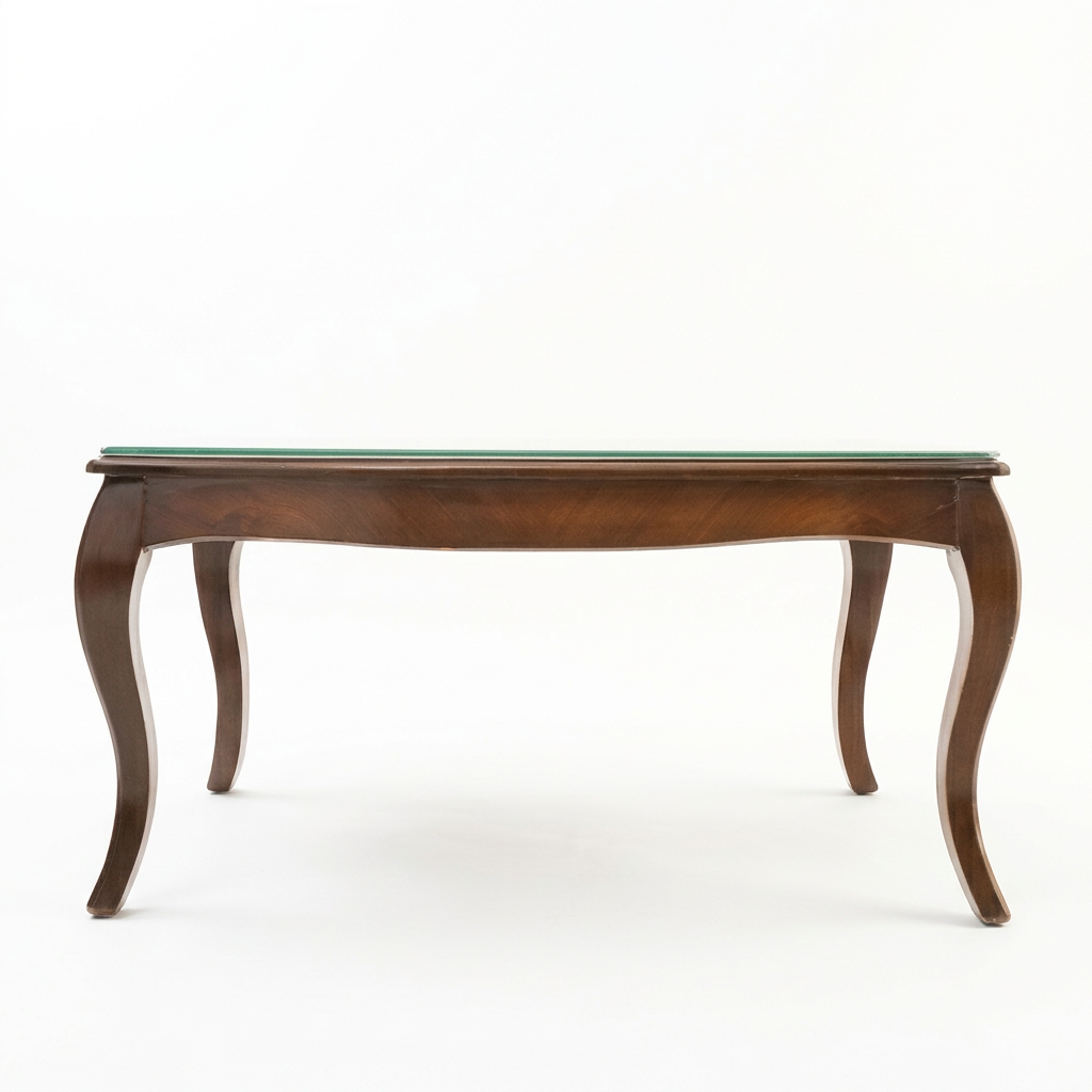 Montelle walnut glass-top coffee table, long-side elevation on white background