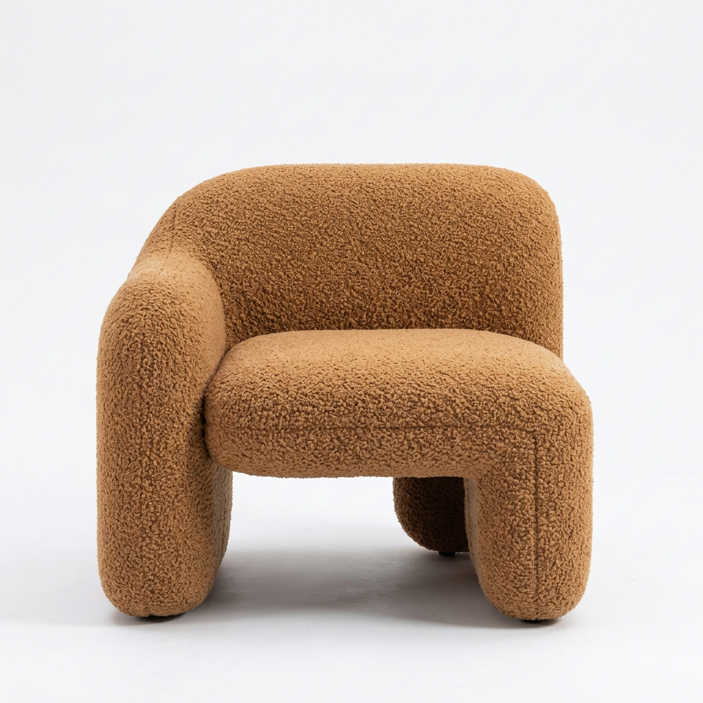 Tovelle caramel bouclé single-arm accent chair, front view on white
