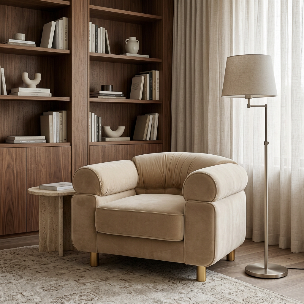Elowen beige accent chair with gold-tone legs in a walnut reading room