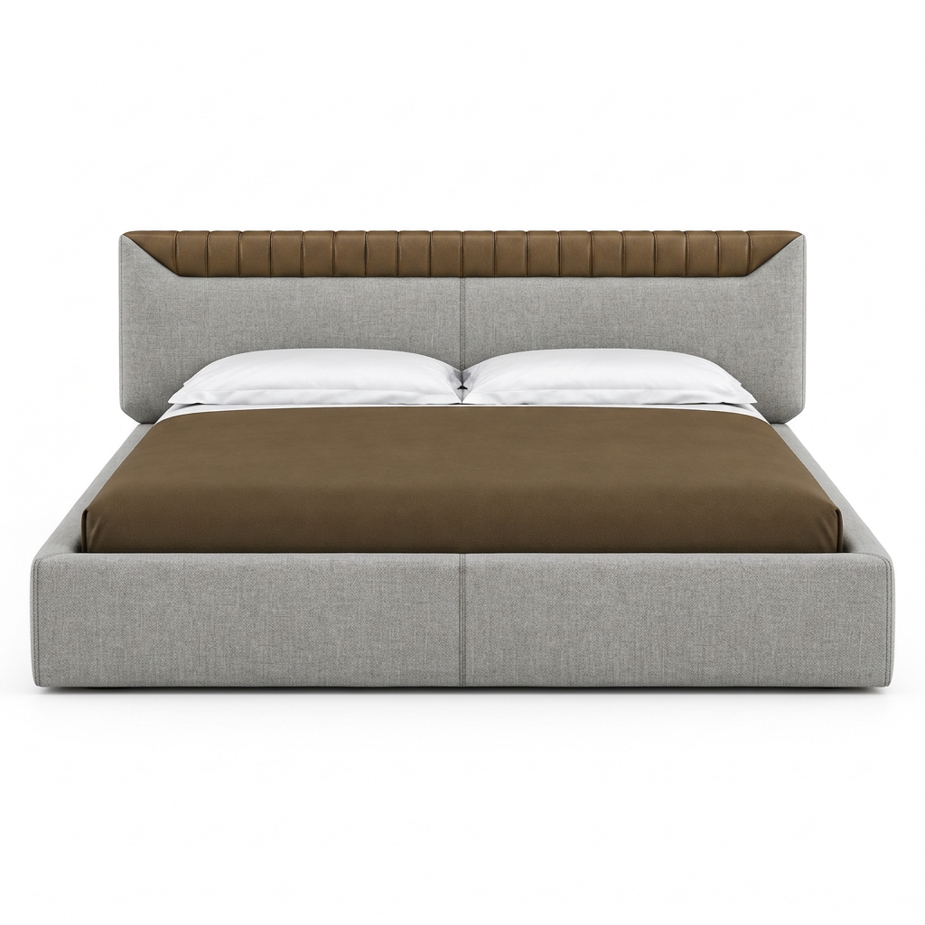 Libra bed in light grey woven fabric with contrasting brown headboard accent