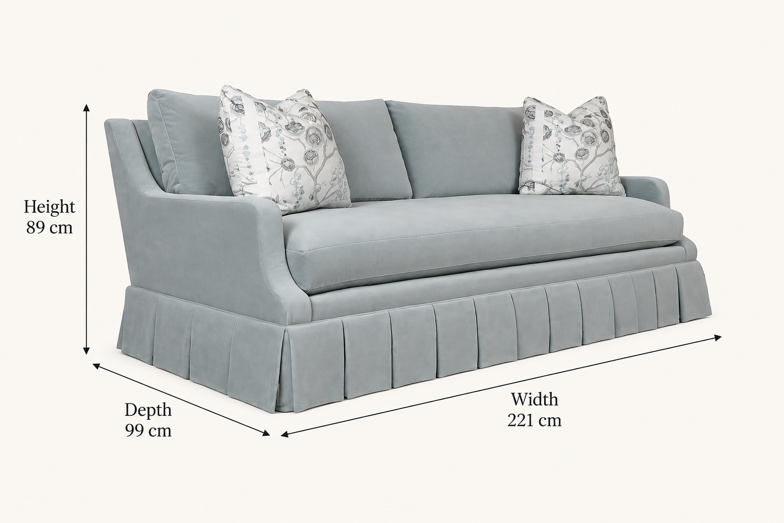 Abingdon sofa with dimension arrows: width 221 cm, depth 99 cm and height 89 cm