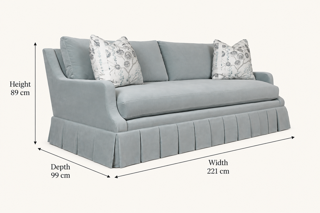 Abingdon sofa with dimension arrows: width 221 cm, depth 99 cm and height 89 cm
