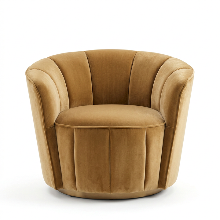 Tavelle mustard fluted barrel armchair front view on white