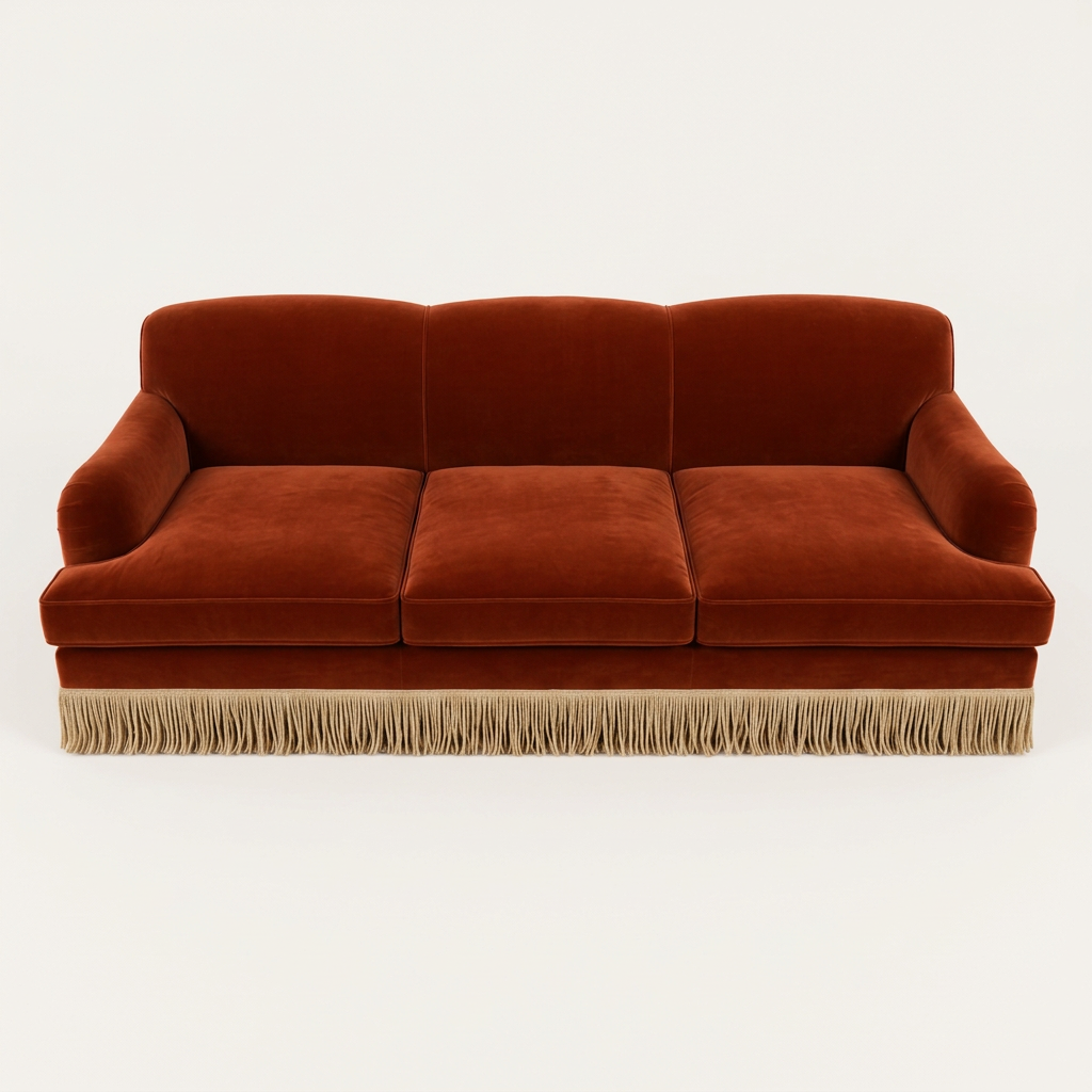 AI-generated top-angle view of Aveline rust velvet three-seater sofa