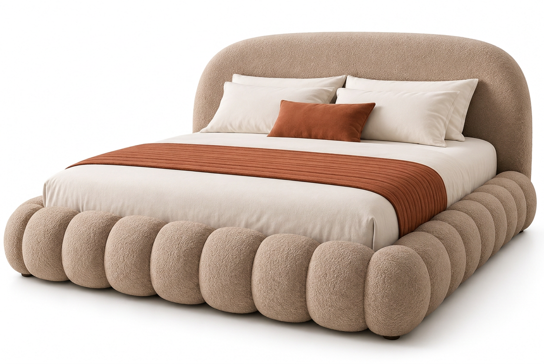 Mirea sculptural upholstered bed in light brown premium boucle