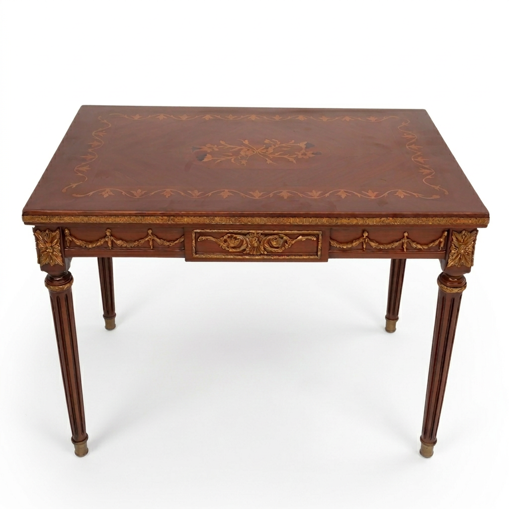 Valcour floral marquetry tea table, elevated front view on white