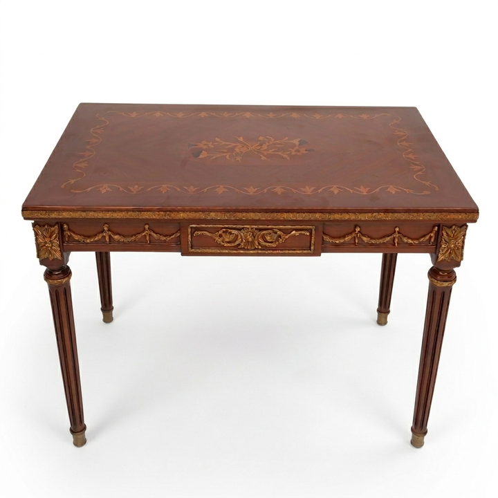 Valcour floral marquetry tea table, elevated front view on white