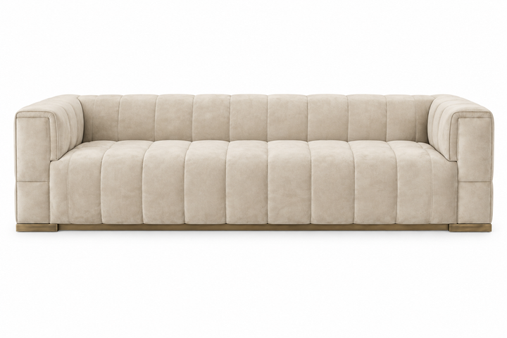 Elara suede sofa front view on white background