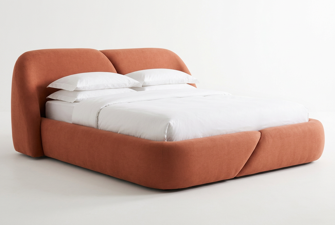 Norelli bed in terracotta orange premium woven textile with fuller padding