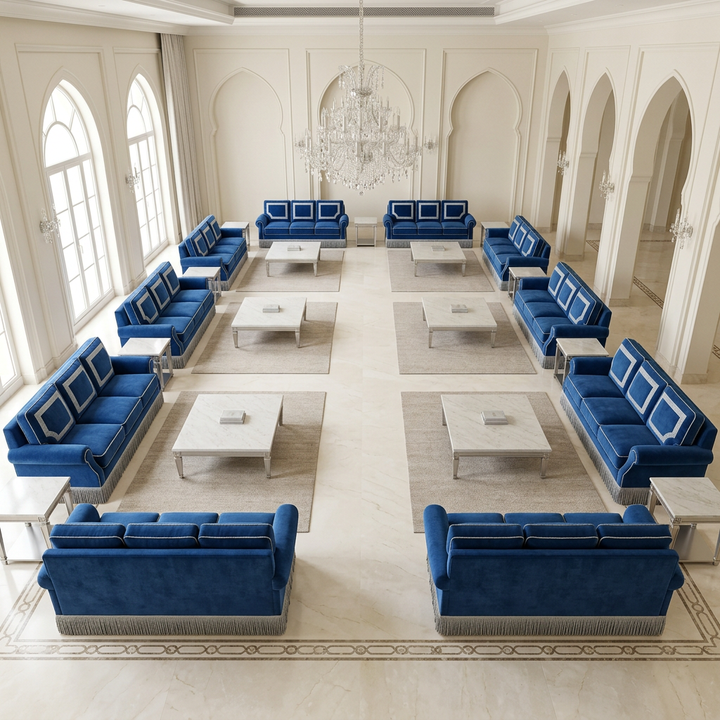AI-generated luxury majlis concept with Élodie blue sofas, silver fringe and coordinating tables