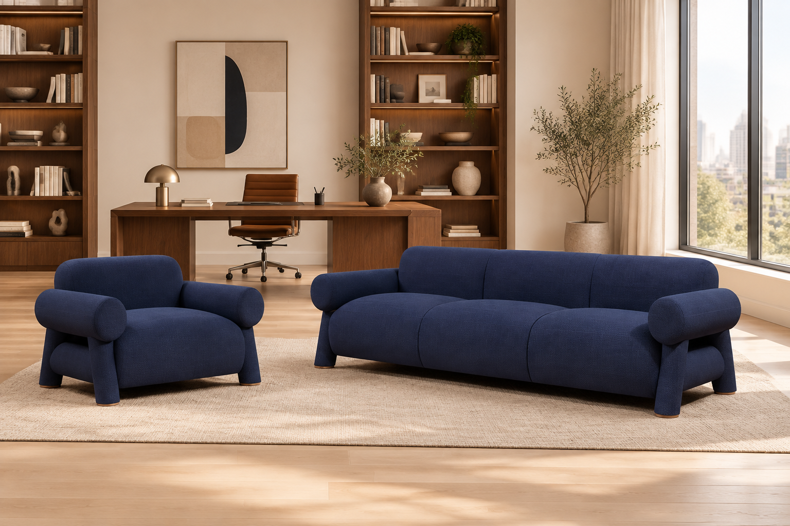 Navo sofa and armchair shown in a modern home office