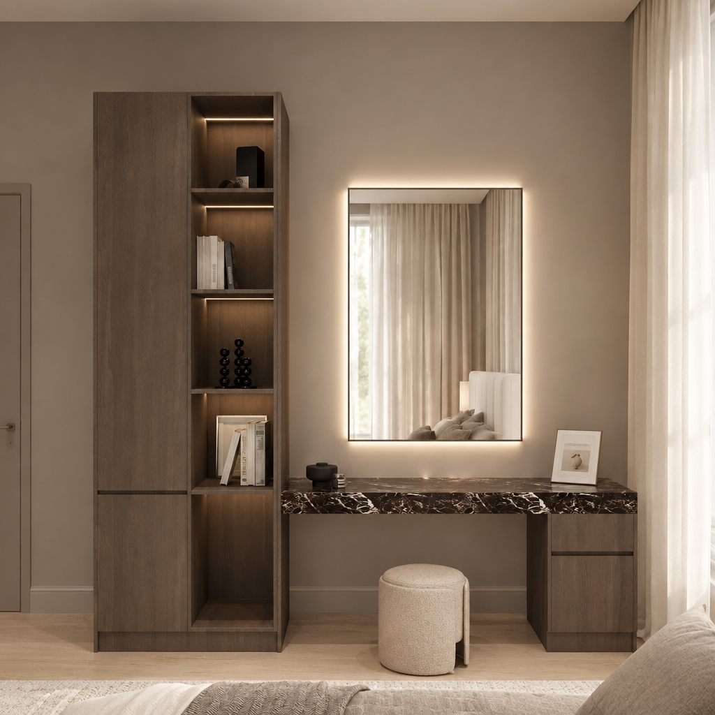 Sorella walnut vanity unit with dark marble countertop and LED mirror, front bedroom view