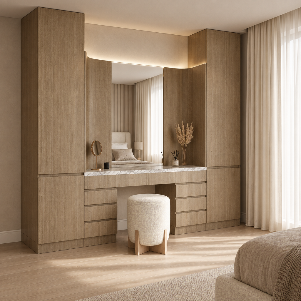 Verona vanity in a luxury modern bedroom, angled view