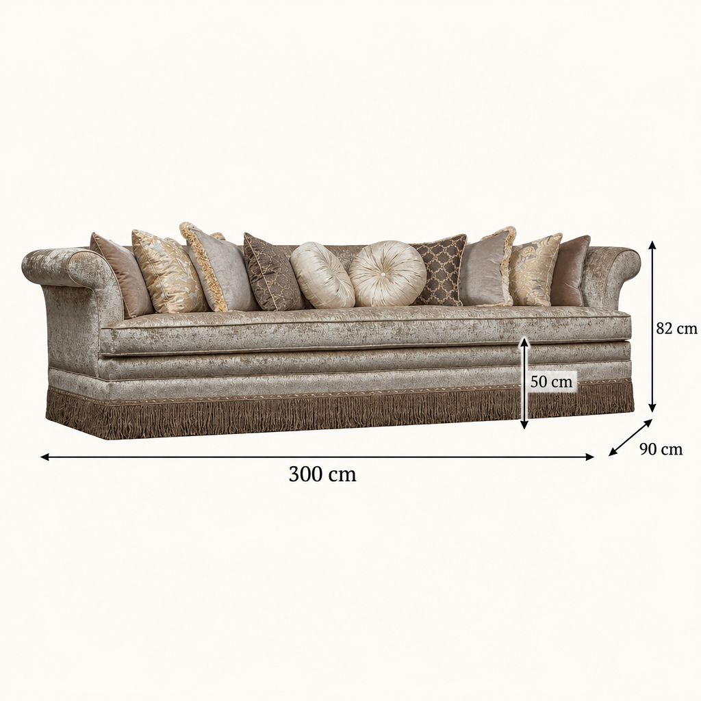 Celestine sofa dimensions: 300 cm wide, 90 cm deep, 82 cm high, seat height 50 cm