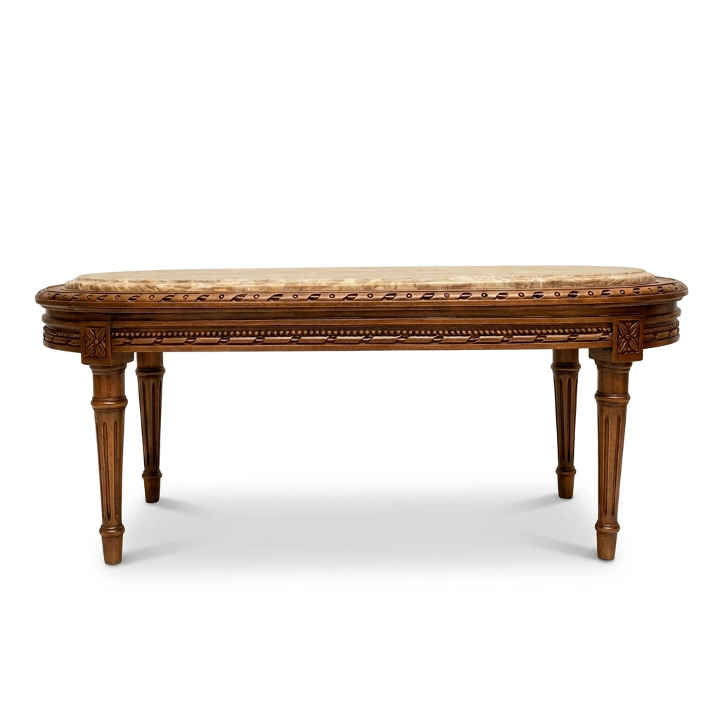 Avelcourt coffee table, side elevation with carved apron and fluted legs