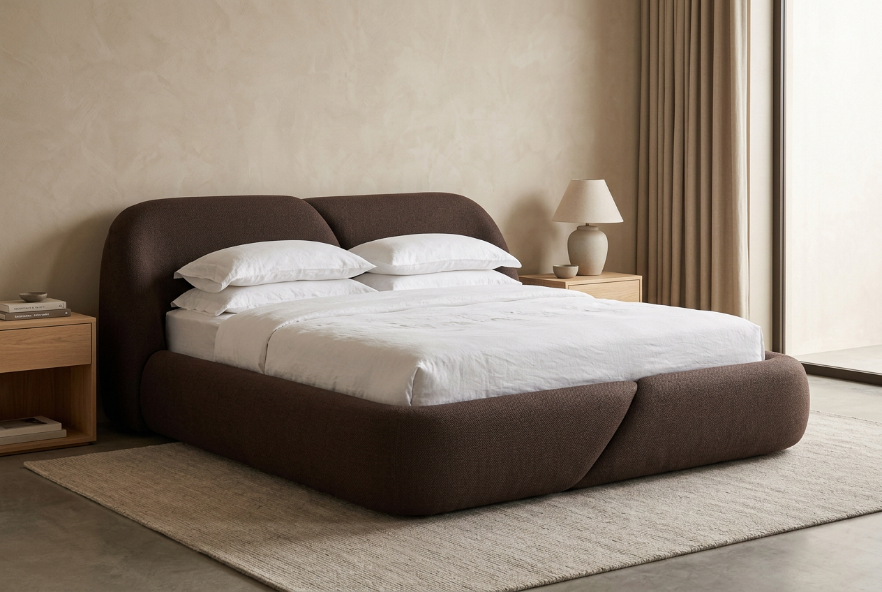 Norelli chocolate-brown premium textile bed with fuller padding in a contemporary bedroom