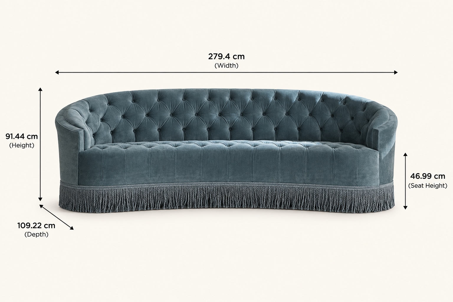 Antoinette sofa dimension arrows: width 279.4 cm, depth 109.22 cm, height 91.44 cm and seat height 46.99 cm