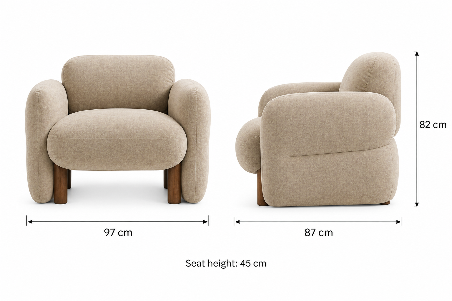 Soleil Rounded Velvet Arm Chair 97 cm wide, 87 cm deep, 82 cm overall height, 45 cm seat height