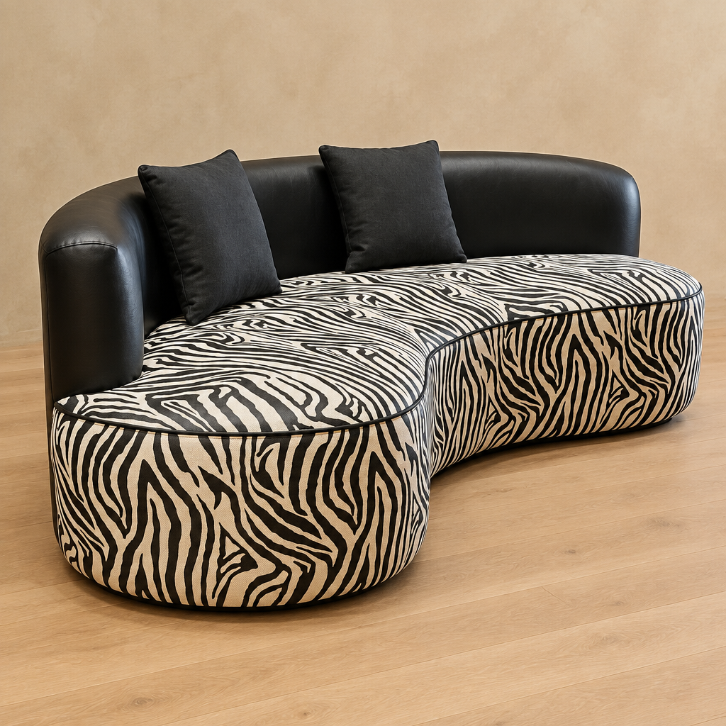 Zevan zebra-pattern sofa angled catalogue view