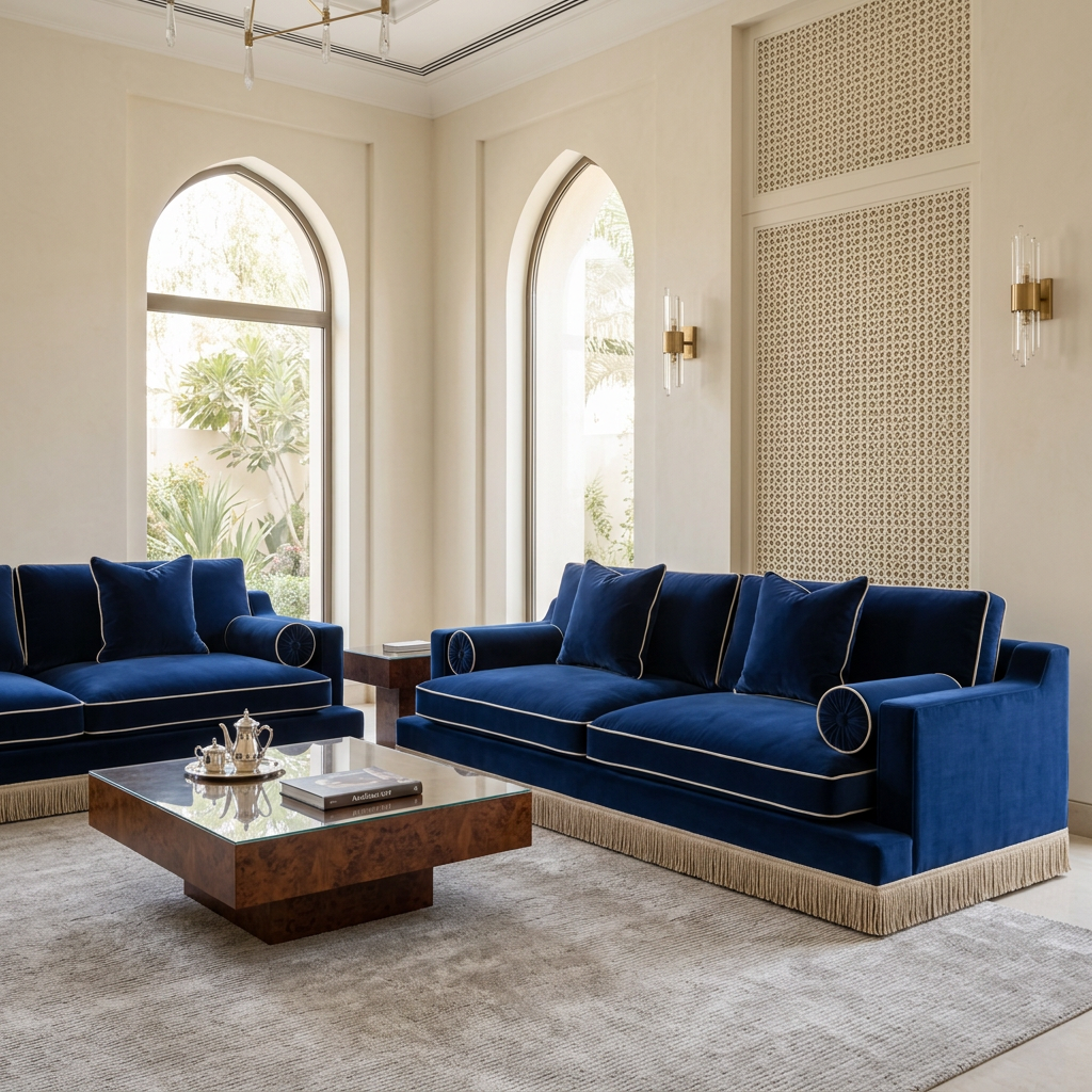 AI-generated Amélie navy velvet sofa styled in a villa majlis