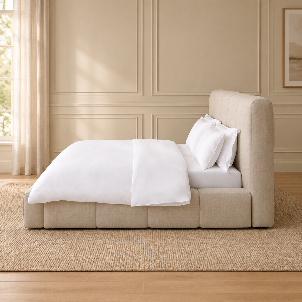 Alder bed in a warm beige and wood interior