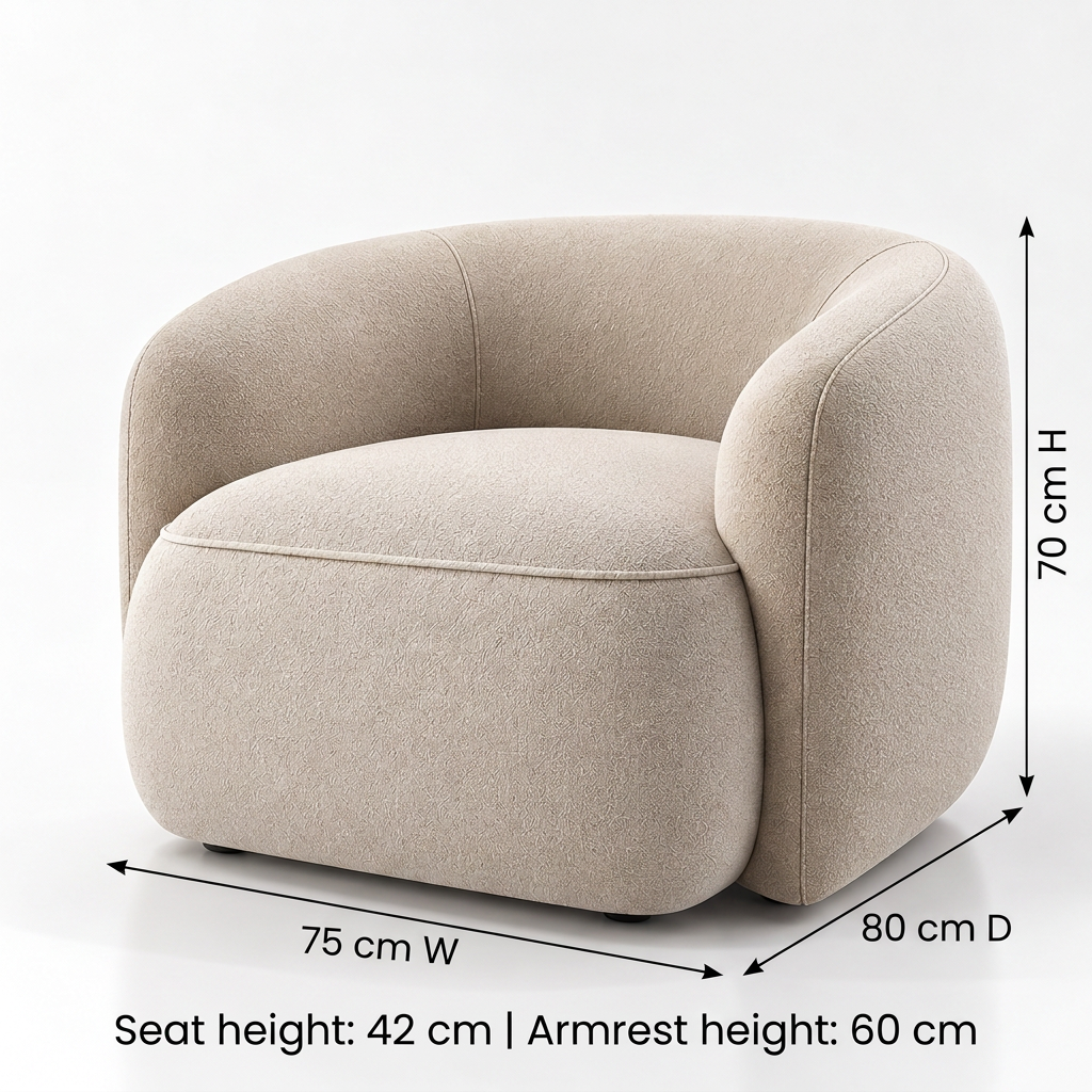Remi dimensions: 75 cm W × 80 cm D × 70 cm H, seat 42 cm, armrest 60 cm