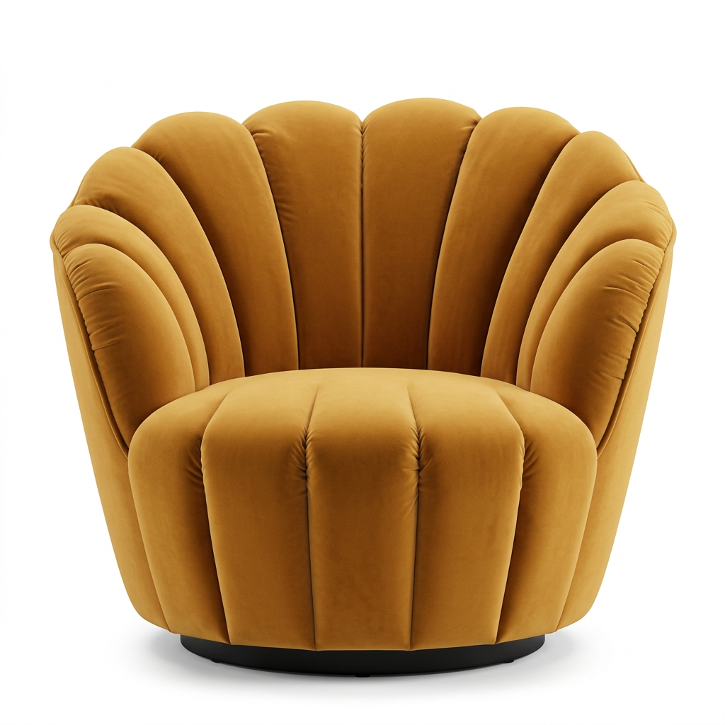 Iselle mustard velvet scalloped armchair, front view on white