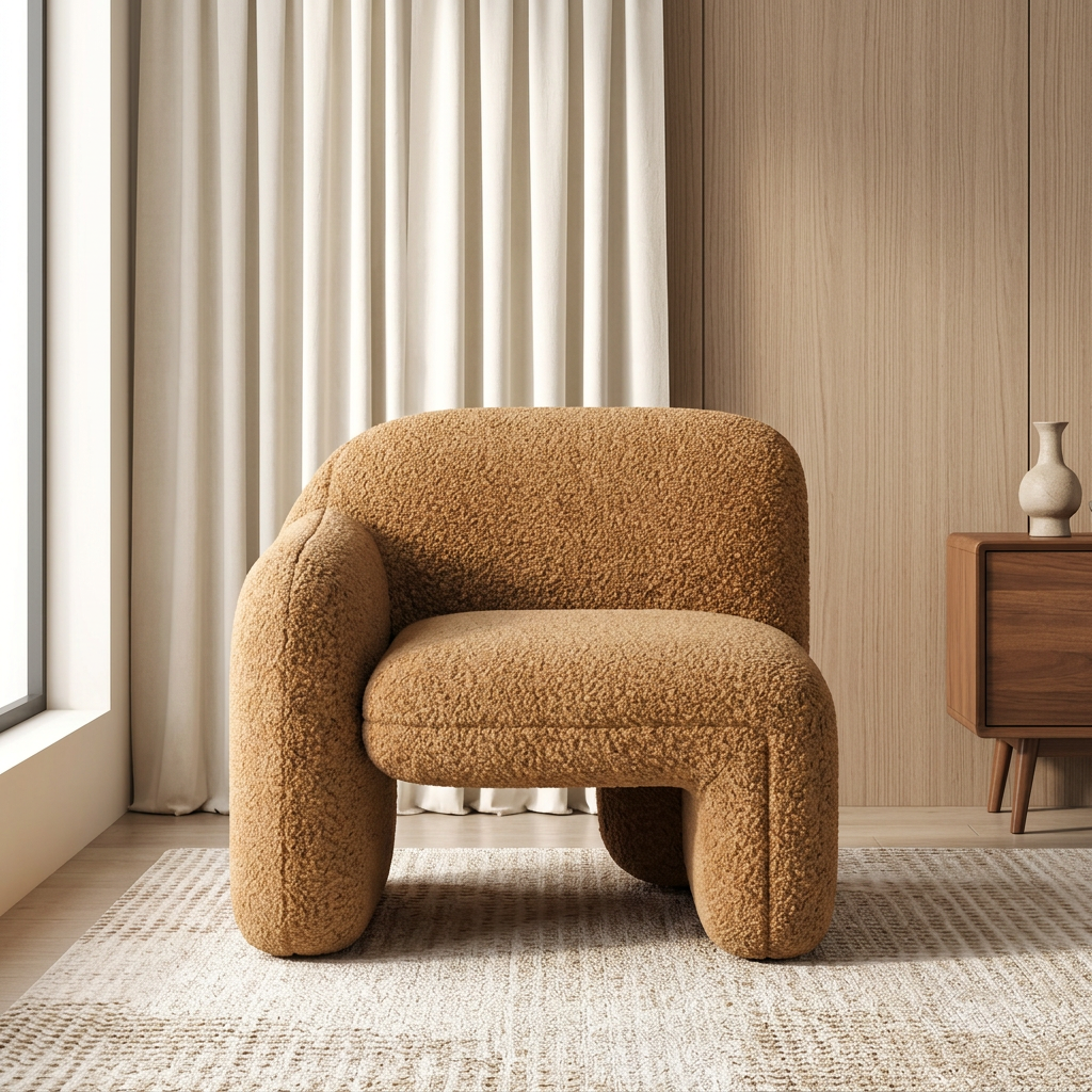 Tovelle caramel bouclé single-arm chair, front view in a neutral living room