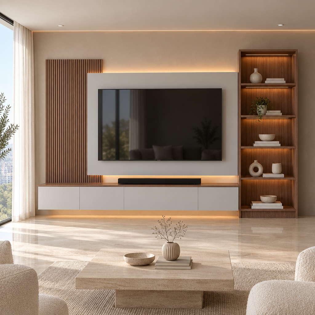 Mira Bespoke TV Media Wall with illuminated shelving and slatted detailing in a luxury modern living room