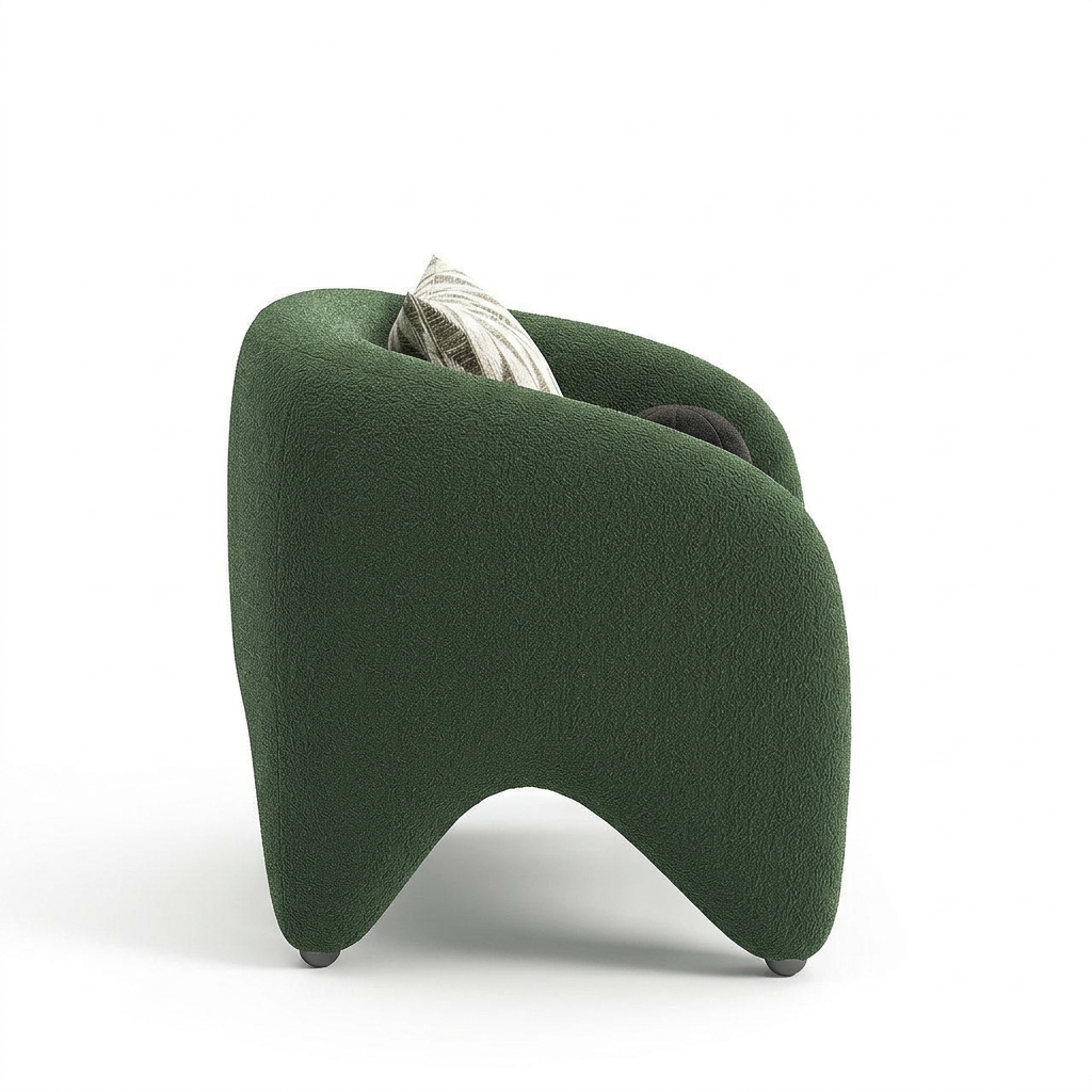 Verdelle dark green bouclé armchair, right-side view on white