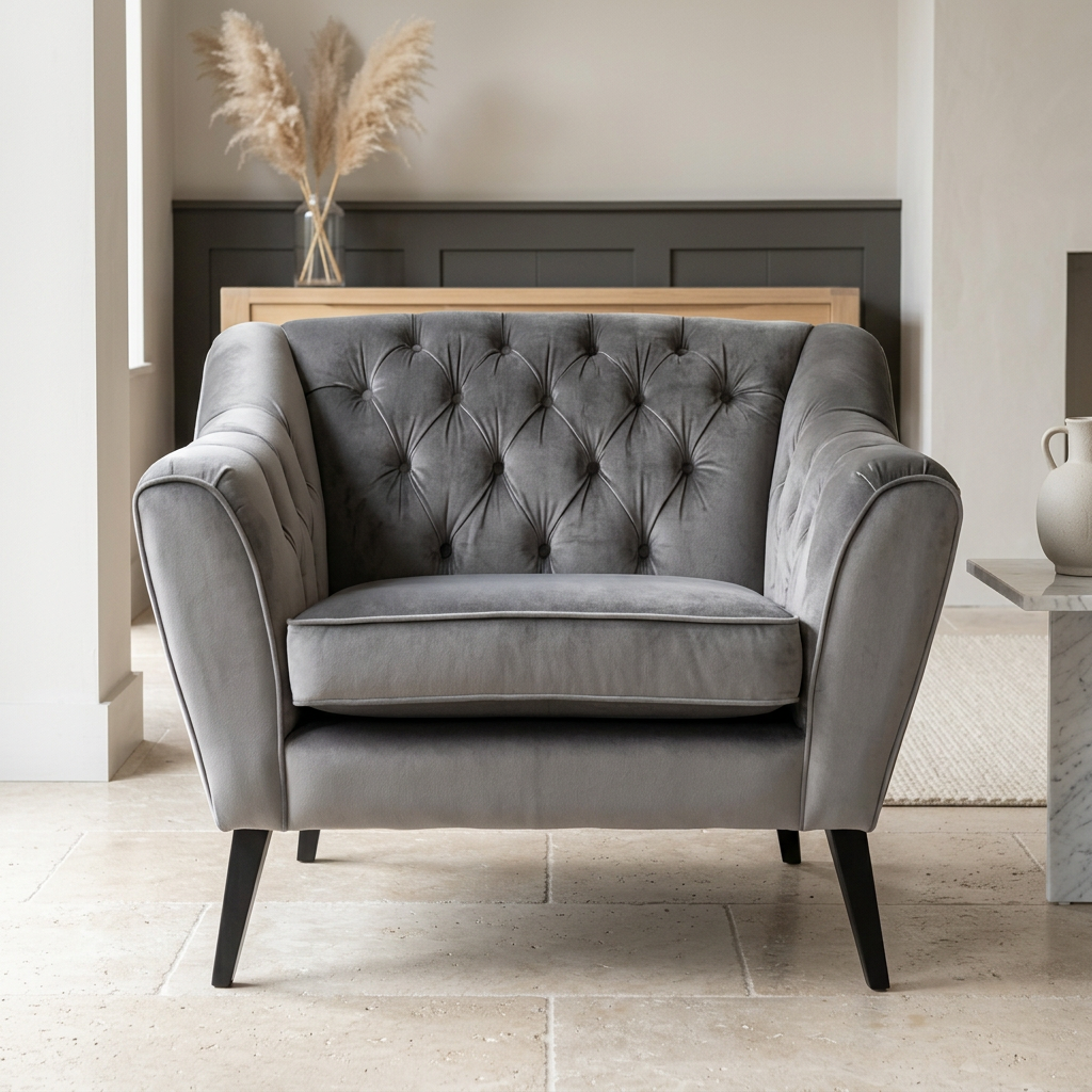 Corvelle grey velvet armchair front view in a bright living room