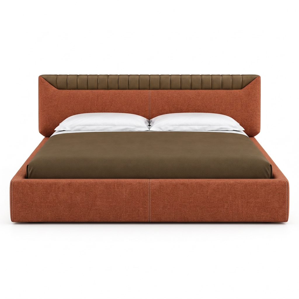 Libra bed in terracotta woven fabric with contrasting brown headboard accent