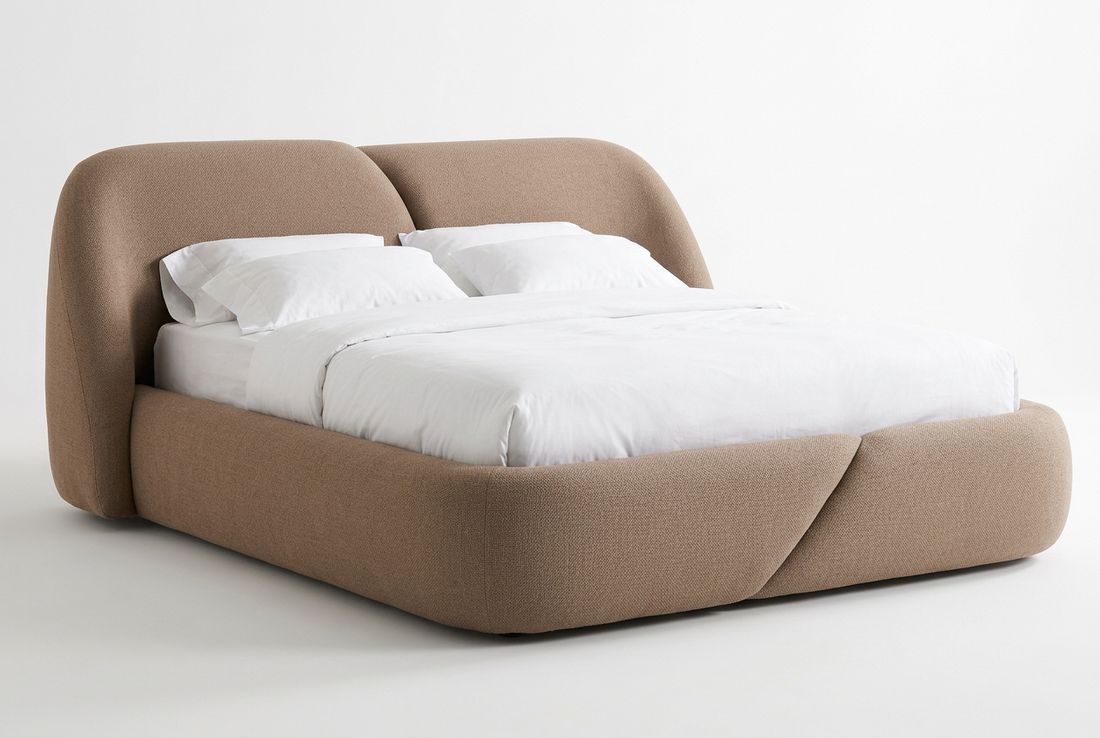 Norelli bed in light brown premium woven textile with fuller padding