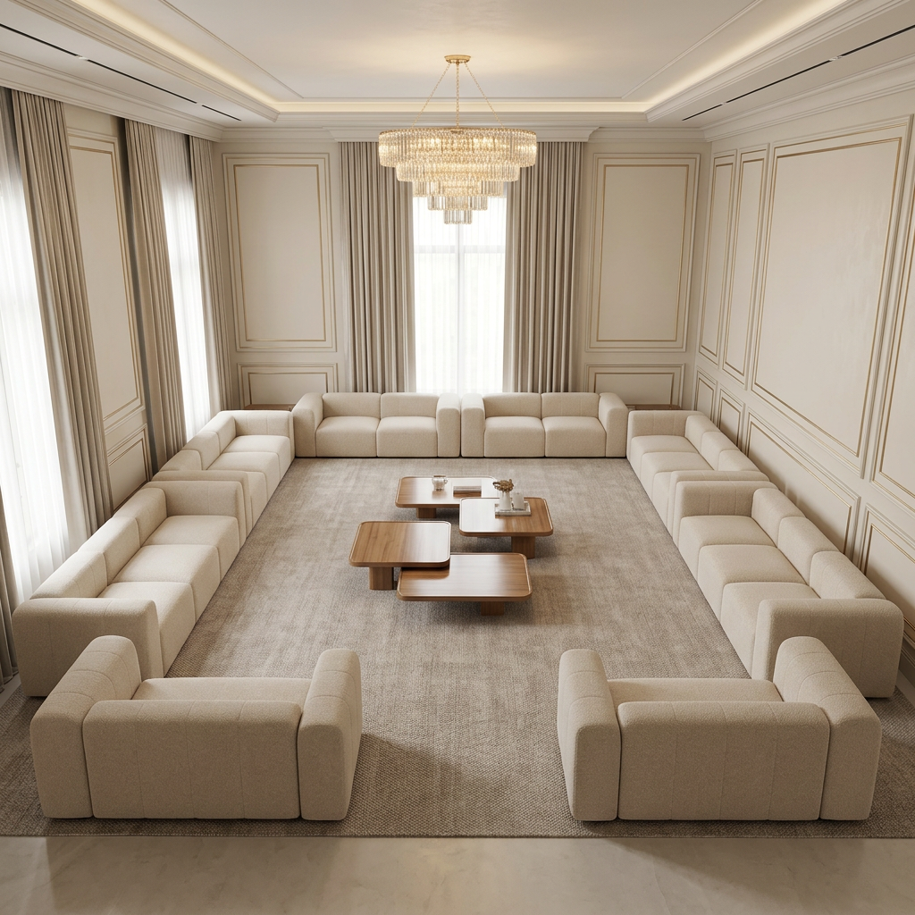 Marlowe beige sofas arranged arm-to-arm in a luxury reception majlis, illustrative 8 × 8 metre room concept