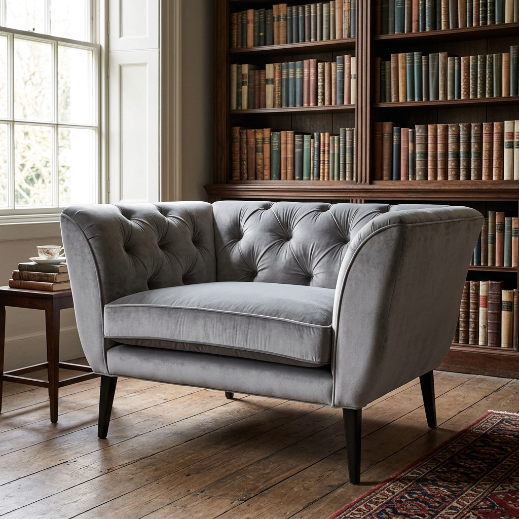 Brielle grey tufted armchair in a warm reading room