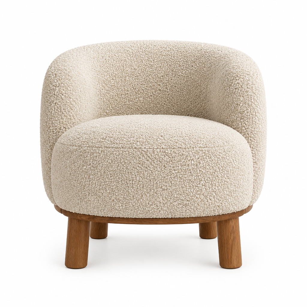 Marlow Bouclé Barrel Arm Chair front view in ivory on white