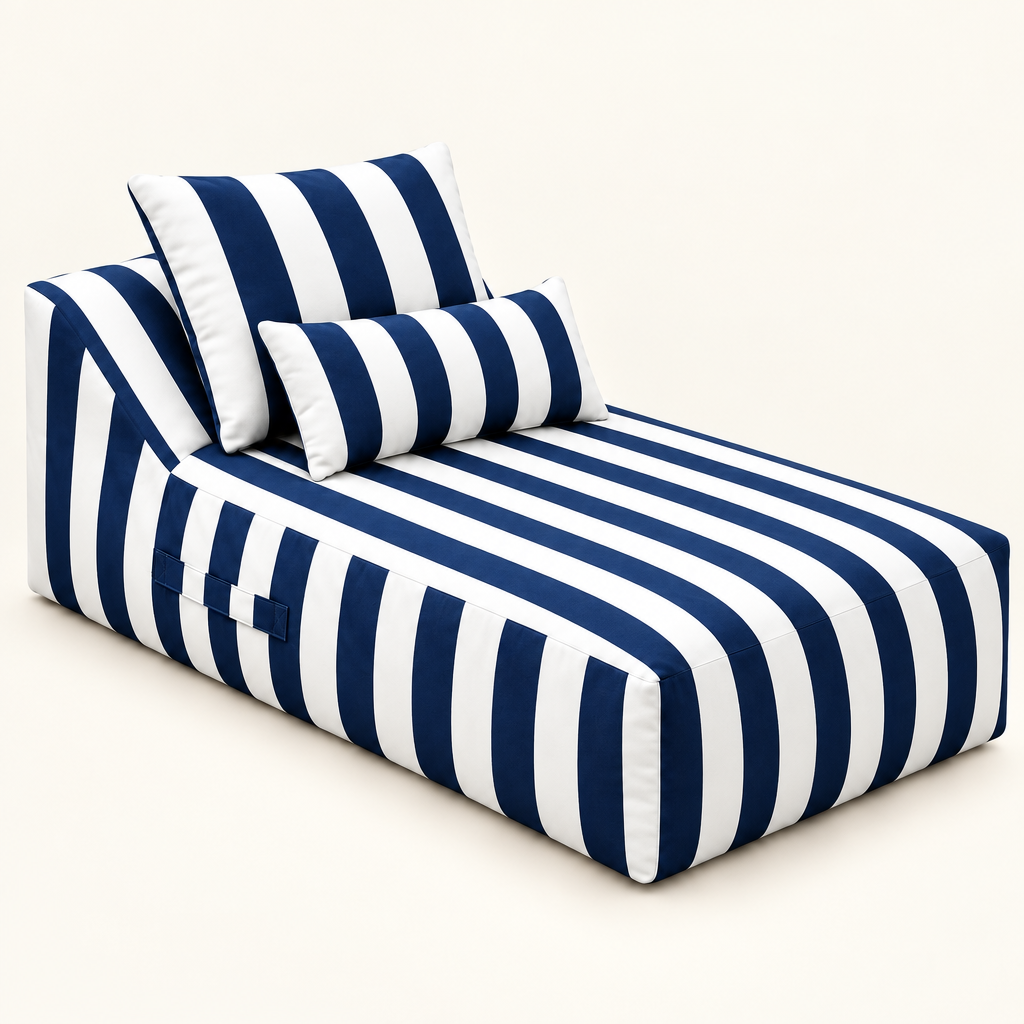 Riva outdoor chaise lounge with white-and-navy-blue striped upholstery on an off-white background