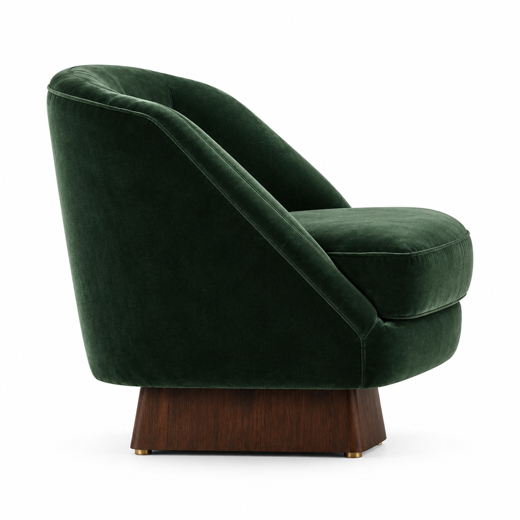Verdant Velvet Swivel Arm Chair side view in emerald on white