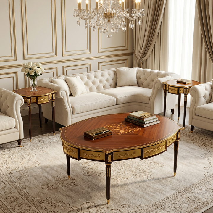 Bellacourt marquetry coffee and side table set in a luxury living room