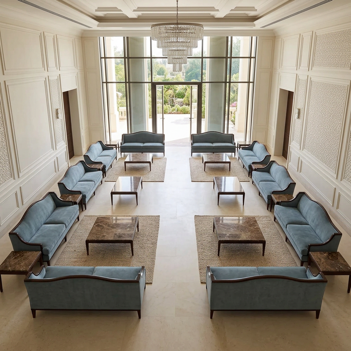 AI-generated luxury majlis concept featuring Monaco blue-grey sofas and coordinating tables