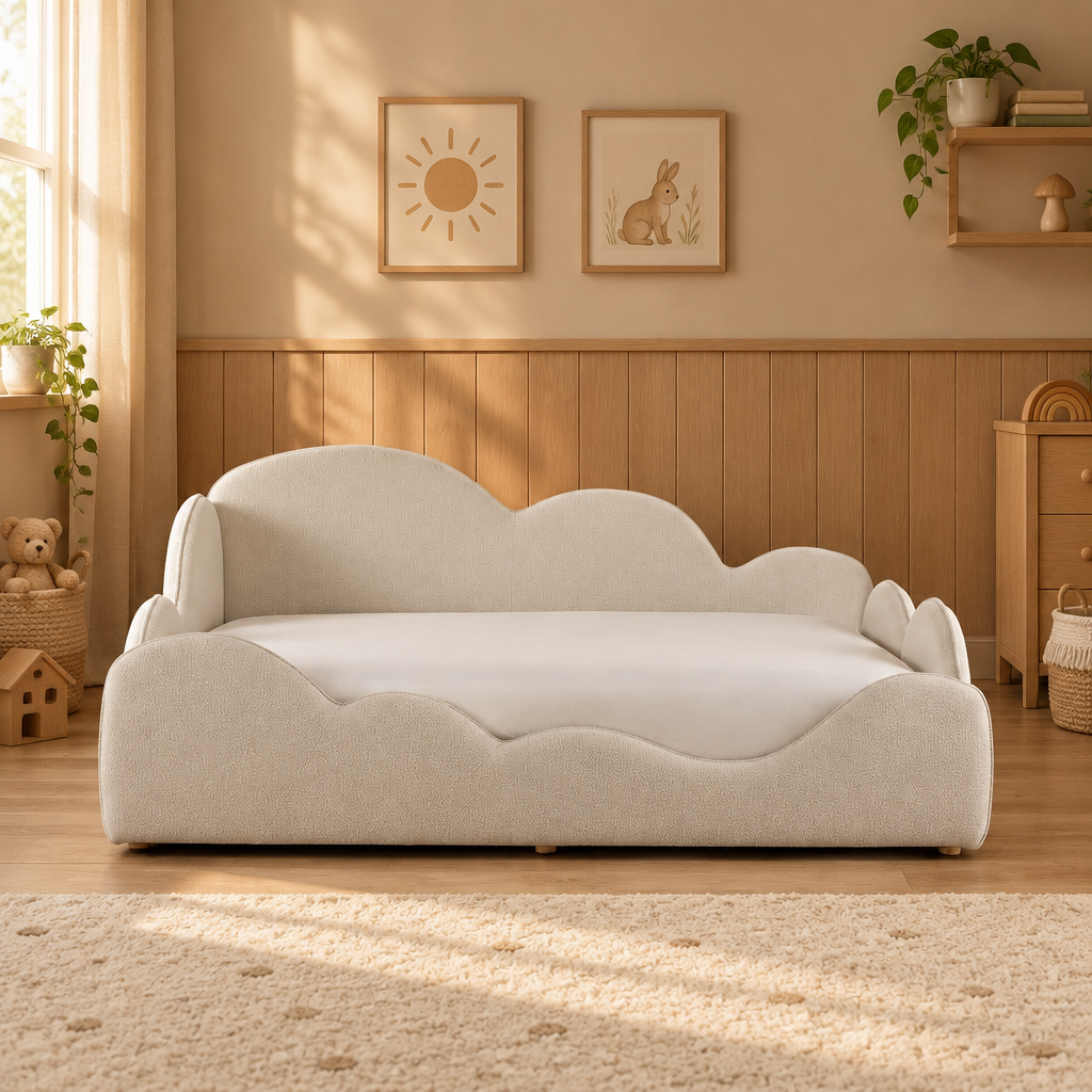 Marshmallow kids' bed side view in a warm beige and wood room