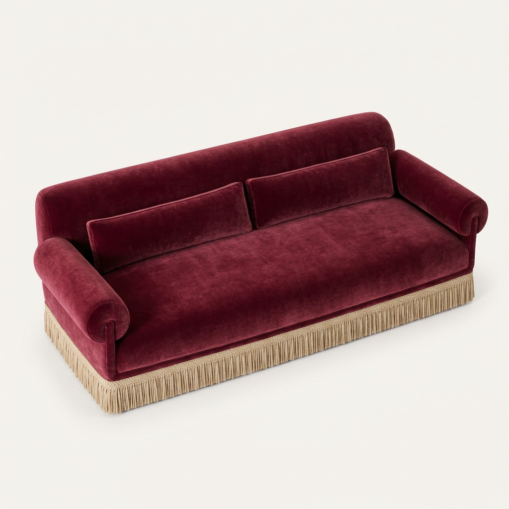 AI-generated top-angle view of Vivienne burgundy velvet fringe sofa