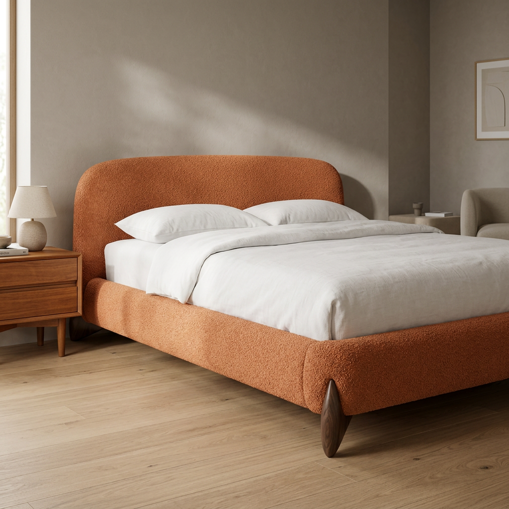 Avena orange boucle bed in a contemporary bedroom
