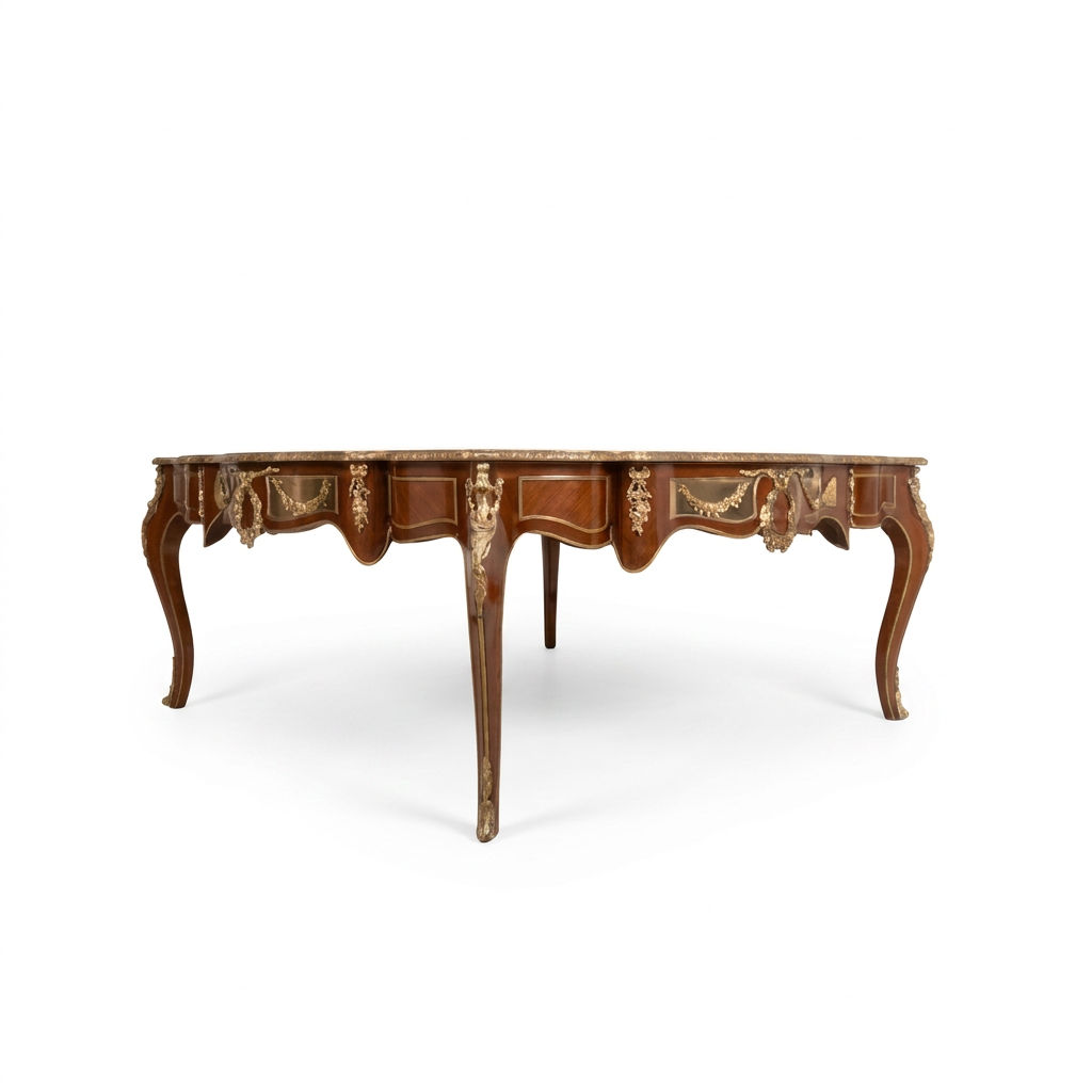 Orvienne coffee table with brass garlands and curved legs, low corner view