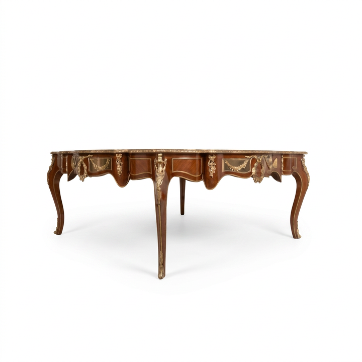 Orvienne coffee table with brass garlands and curved legs, low corner view