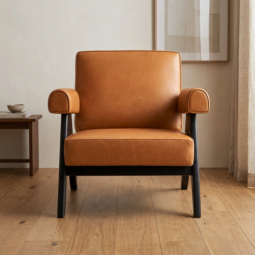 Ronan leather and black wood armchair in contemporary room