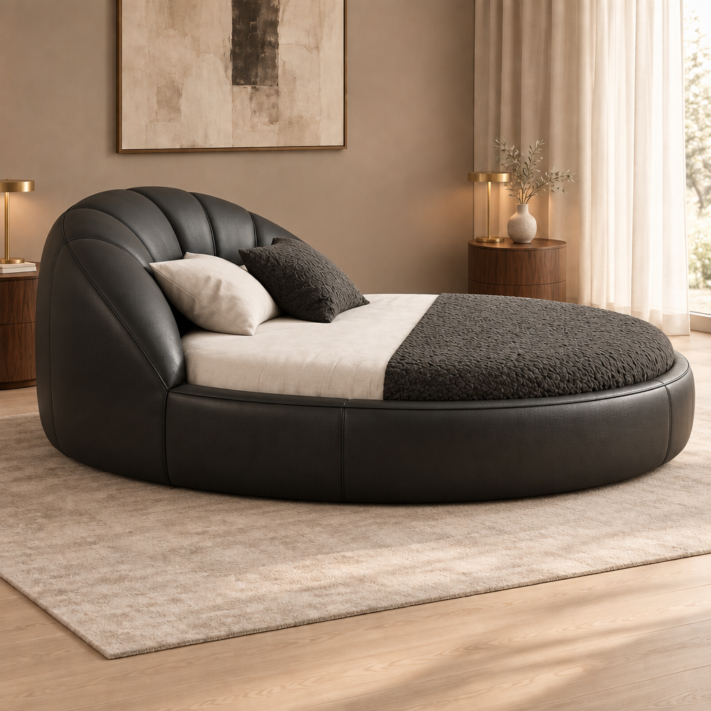 LORVÉ black PVC faux-leather round bed, side profile showing padded headboard and base