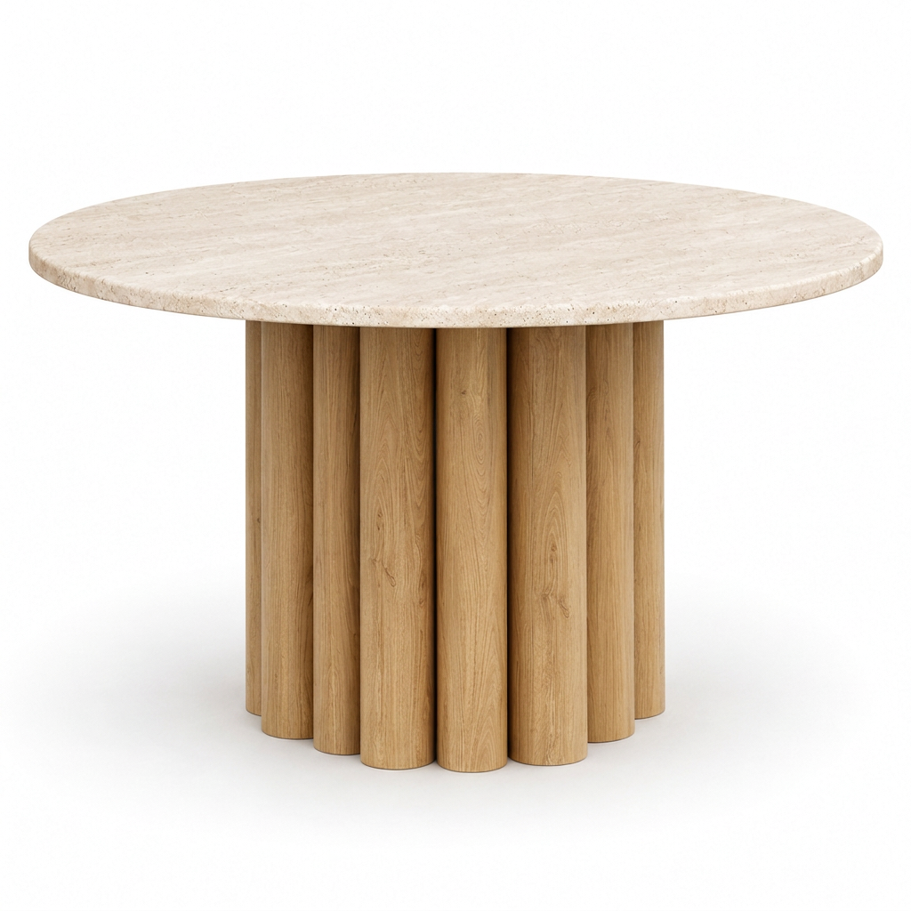 Elowen travertine dining table with light oak-toned fluted base, left view