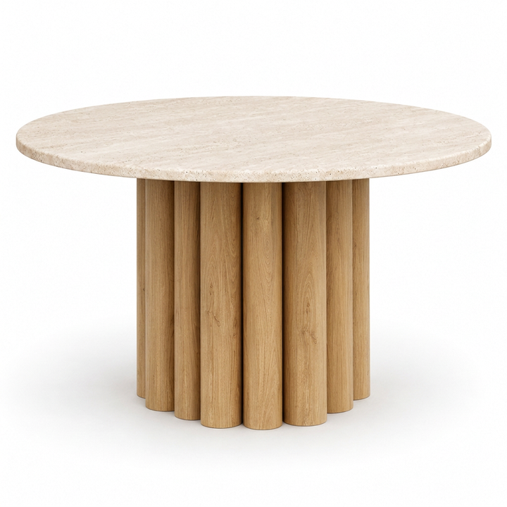 Elowen travertine dining table with light oak-toned fluted base, left view