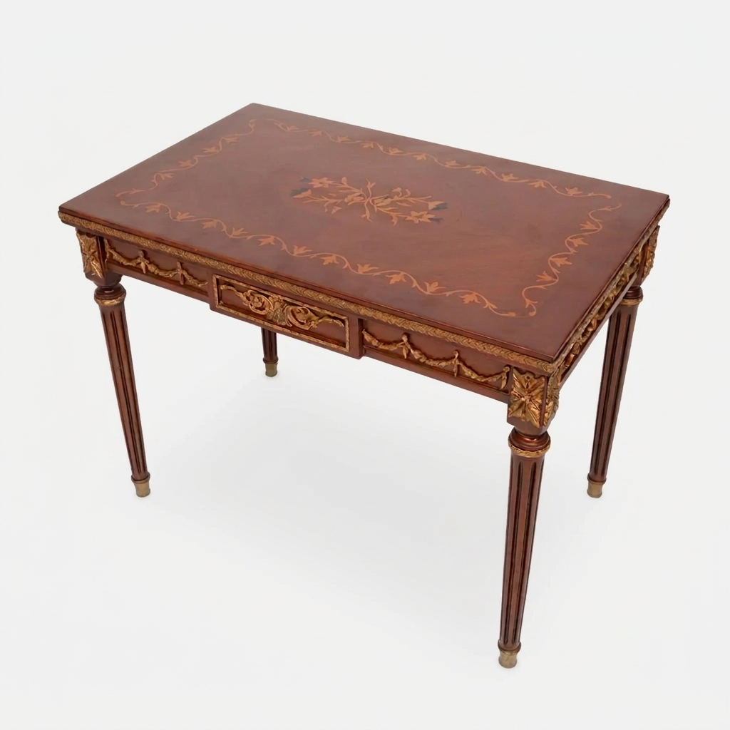 Valcour tea table, elevated corner view showing floral marquetry tabletop